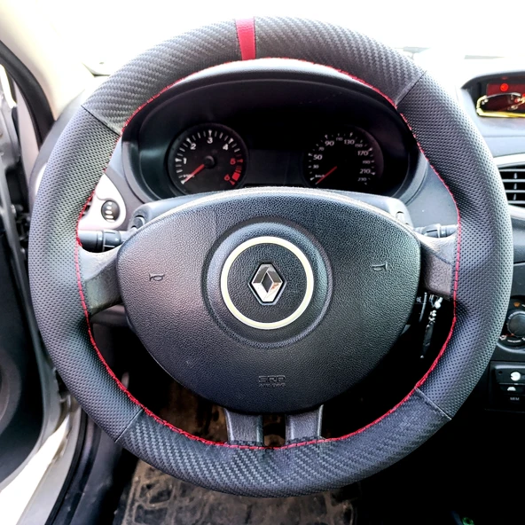 DİKİŞLİ DİREKSİYON KILIFI KARBON DERİ NOKTA DERİ KIRMIZI YÜZÜK KIRMIZI DİKİŞLİ RENAULT CLİO ürün görseli