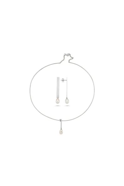 10,5 mm Doğal İnci Choker Küpe Kolye İkili Set - 4