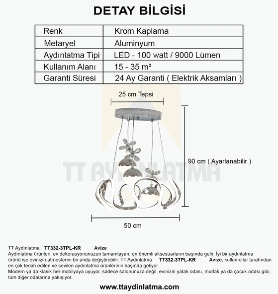 TT Aydınlatma TT332-3TPL-KR  6 Kavisli Krom Kaplama 3 Toplu 3 Renk Modüllü Ledli Avize - Resim 4