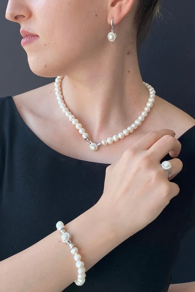 7,5 mm Kadın Yuvarlak Taşlı Doğal İnci Küpe Kolye Yüzük Bileklik Dörtlü Set - 3