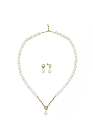 6,5 mm Baget Sekizgen Doğal İnci Sallantı Küpe Kolye İkili Set