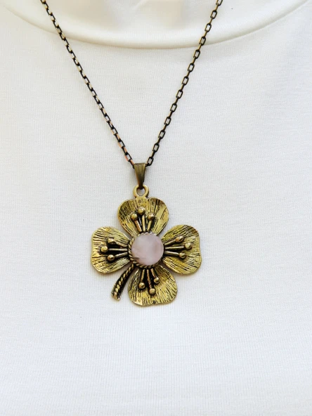 Doğal Taş Pembe Kuvars Doğal Taşlı Yonca Model Kadın Doğal Taş Otantik Kolye euk38pk - Resim 2