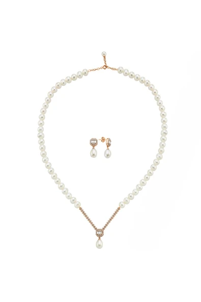 6,5 mm Baget Sekizgen Doğal İnci Sallantı Küpe Kolye İkili Set - 6