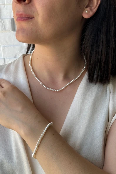 4,5 mm Doğal İnci Sıralı Kolye Bileklik Küpe Üçlü Set