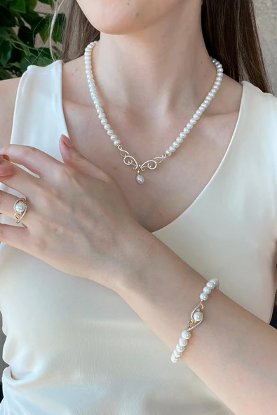 6,5 mm Taşlı Doğal İnci Kolye Bileklik Yüzük Üçlü Set