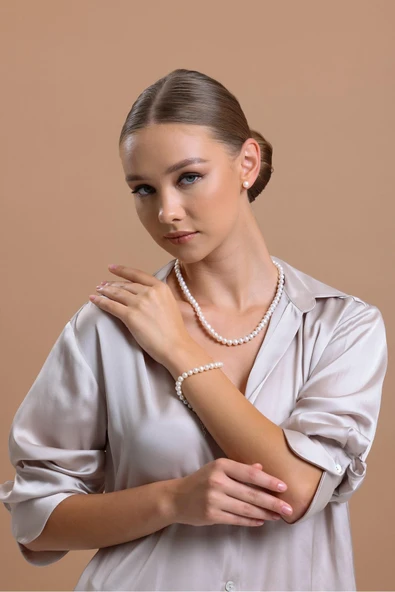 Kadın 7,5 mm Sıralı Doğal İnci Kolye - Resim 3