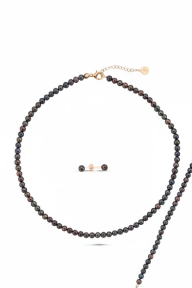 6,5 mm Siyah İnci Küpe Kolye Bileklik Üçlü Set - Resim 7