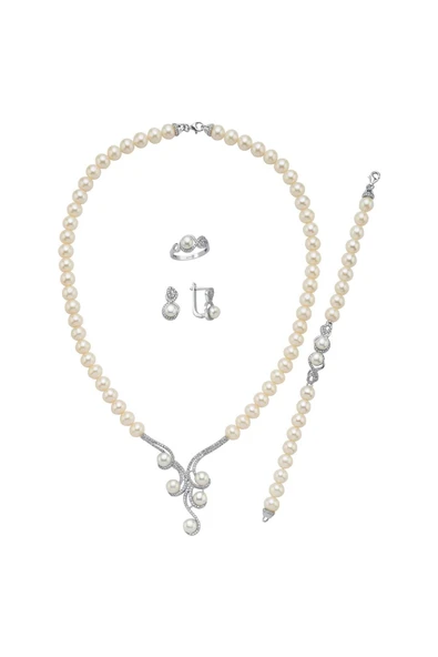 7,5 mm Kadın Zirkon Taşlı Suyolu Doğal İnci Küpe Kolye Bileklik Yüzük Dörtlü Set - Resim 3