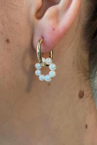 3-4,5 mm Büyük Halka Geçirmeli Charm Doğal İnci Küpe - 4