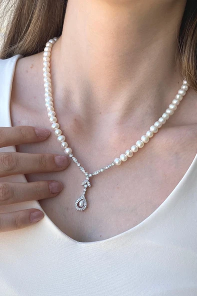 7,5 mm Kadın Damla Zirkon Taşlı Doğal İncili Küpe Kolye Bileklik Yüzük Dörtlü Set - 3