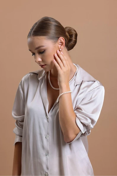 7,5 mm Tam Yuvarlak Doğal İnci Kadın Küpe - Resim 3