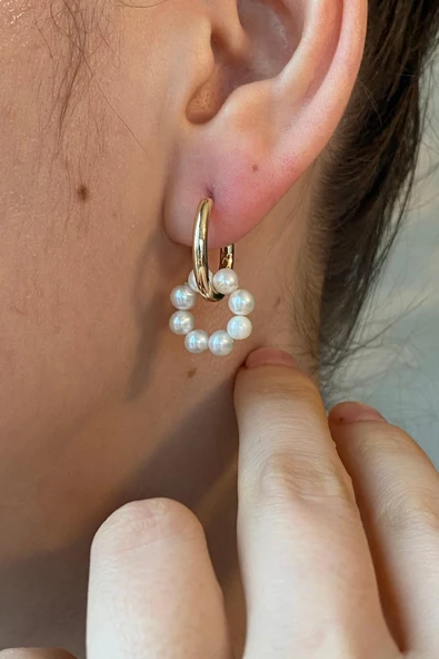 3-4,5 mm Büyük Halka Geçirmeli Charm Doğal İnci Küpe - 3