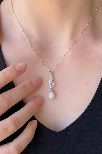 8,5 mm Yaprak Taşlı Doğal İnci Sallantılı Küpe Kolye İkili Set - 4