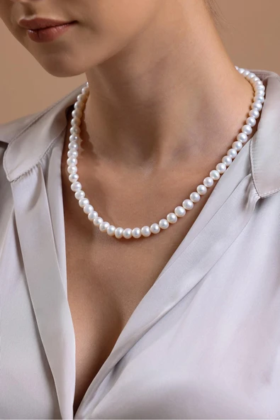 7,5 mm Sıralı Doğal İnci Küpe Kolye Bileklik Üçlü Set - 3