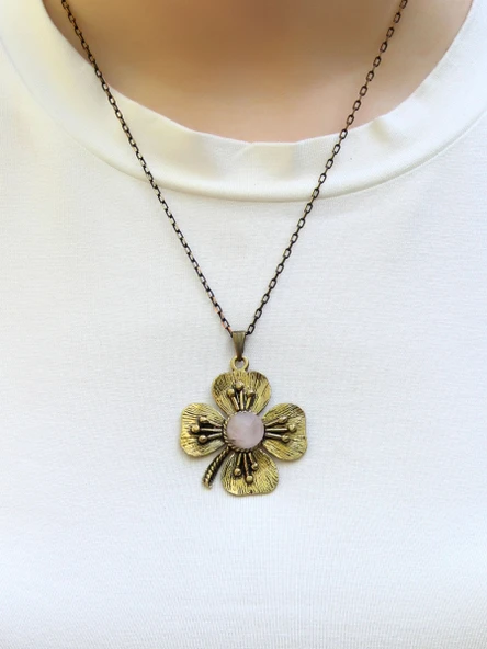 Doğal Taş Pembe Kuvars Doğal Taşlı Yonca Model Kadın Doğal Taş Otantik Kolye euk38pk - Resim 3