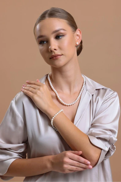 Kadın 7,5 mm Sıralı Doğal İnci Kolye - Resim 4