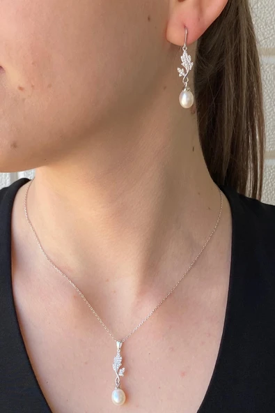 8,5 mm Yaprak Taşlı Doğal İnci Sallantılı Küpe Kolye İkili Set - 2