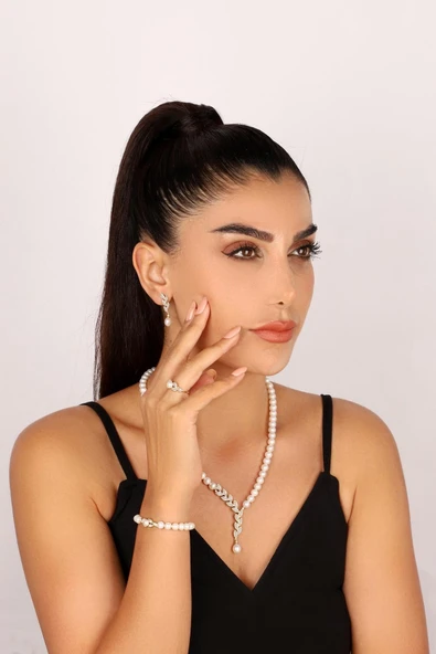 6,5 mm Yaprak Taşlı Doğal İnci Küpe Kolye Bileklik Yüzük Dörtlü Set - 5