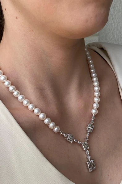 7,5 mm Kadın Baget Taşlı Doğal İnci Küpe Kolye Bileklik Yüzük Dörtlü Set