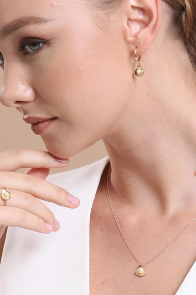 4,5 mm İstiridye Doğal İnci Küpe Kolye Yüzük Üçlü Set