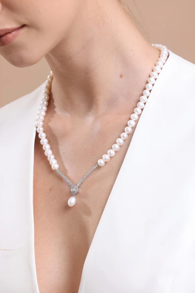 6,5 mm Baget Sekizgen Doğal İnci Sallantı Küpe Kolye İkili Set - 4