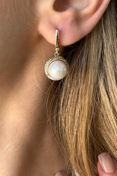 10,5 mm Zirkon Taşlı Doğal İnci Küpe - 3