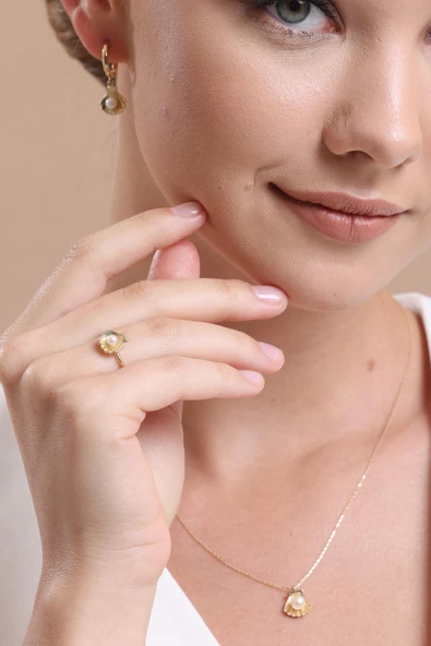 4,5 mm İstiridye Doğal İnci Küpe Kolye Yüzük Üçlü Set - 5