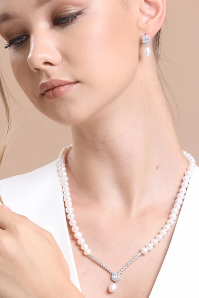 6,5 mm Baget Sekizgen Doğal İnci Sallantı Küpe Kolye İkili Set - 2