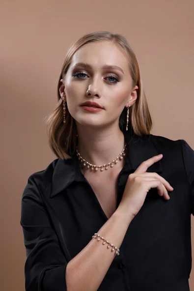 5,5 mm Dorikalı Sallantılı Damla Doğal İncili Küpe Kolye Bileklik Üçlü Set - 2