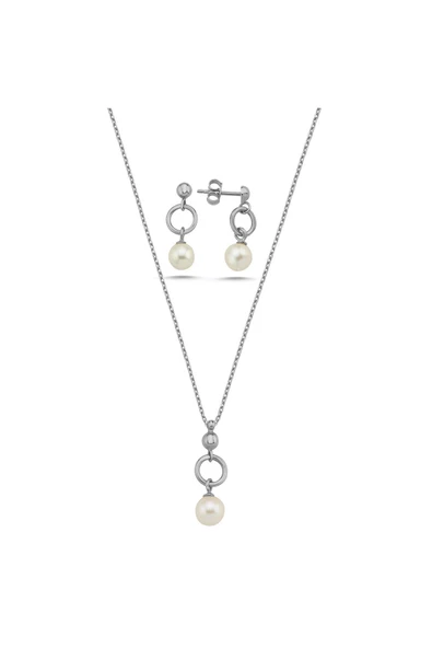 7,5 mm Halka Doğal İnci Küpe Kolye İkili Set - 6