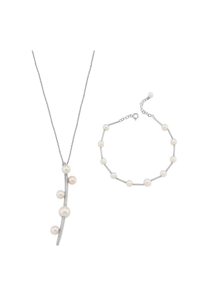 6,5 mm Çubuk Üzeri Beş Doğal İnci Kolye Bileklik İkili Set - 5