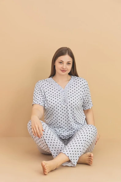 Pijamerry Kadın Büyük Beden Dantel Yaka Bambu Kısa Kol İnce Pijama Takımı 5929 - 1 Adet  Gri 5XL