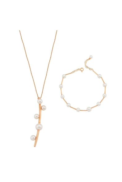 6,5 mm Çubuk Üzeri Beş Doğal İnci Kolye Bileklik İkili Set - 6