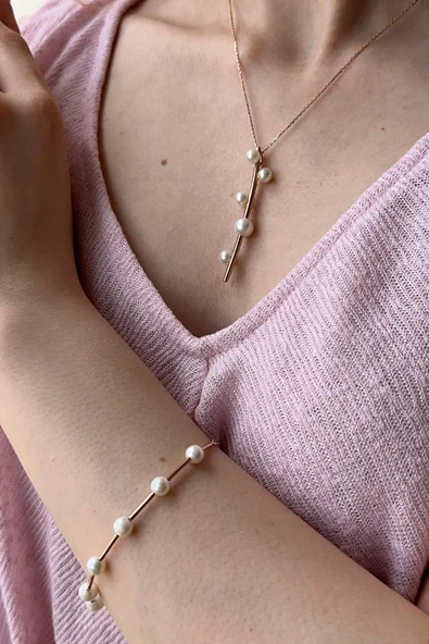 6,5 mm Çubuk Üzeri Beş Doğal İnci Kolye Bileklik İkili Set - 3