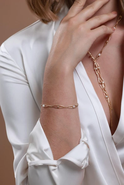 5,5 mm Baklava Dilimi Doğal İncili Küpe Kolye Bileklik Üçlü Set - 4