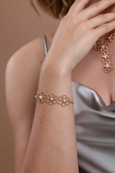 5,5 mm Çiçek Desenli Doğal İncili Küpe Kolye Bileklik Üçlü Set - 3