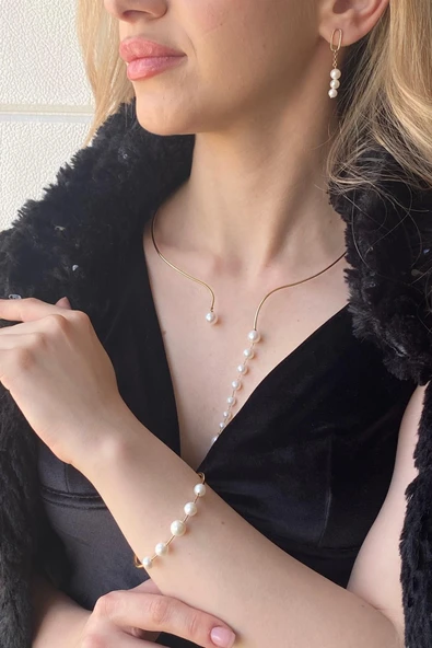 8,5 mm Sallantılı Doğal İnci Küpe Kolye Bileklik Üçlü Set - 2