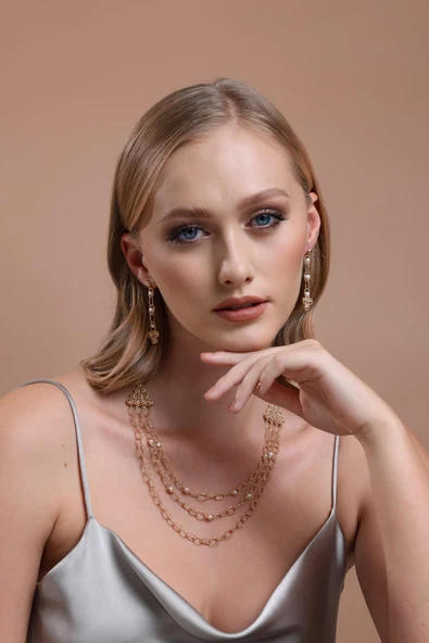 5,5 mm Dorikalı 3 Sıra Doğal İncili Küpe Kolye İkili Set - 2