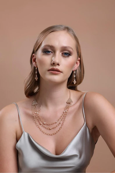 5,5 mm Dorikalı 3 Sıra Doğal İncili Küpe Kolye İkili Set - 3