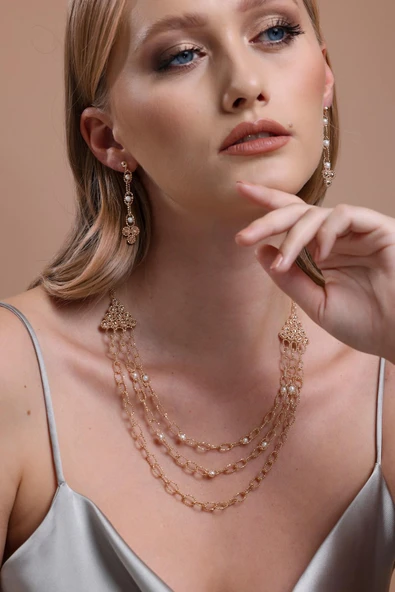 5,5 mm Dorikalı 3 Sıra Doğal İncili Küpe Kolye İkili Set - 4