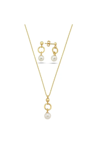 7,5 mm Halka Doğal İnci Küpe Kolye İkili Set