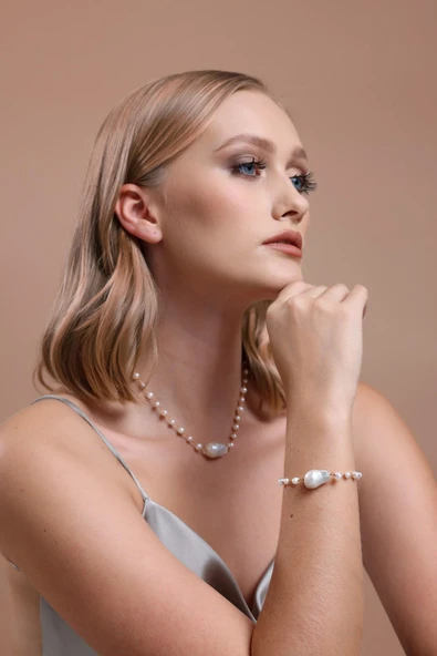 12,5 mm Barok Doğal İnci Kolye Bileklik İkili Set - 3