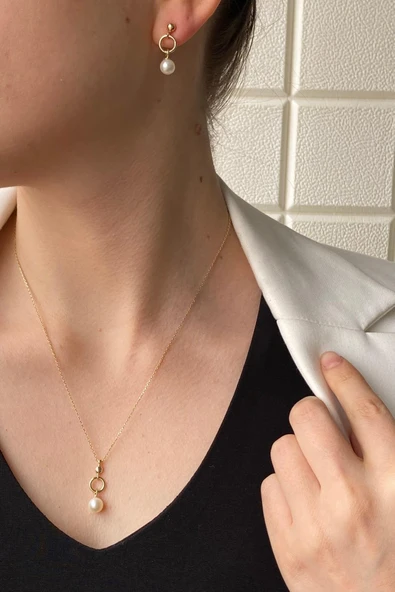 7,5 mm Halka Doğal İnci Küpe Kolye İkili Set - 2