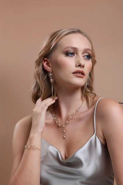 5,5 mm Çiçek Desenli Doğal İncili Küpe Kolye Bileklik Üçlü Set - 2