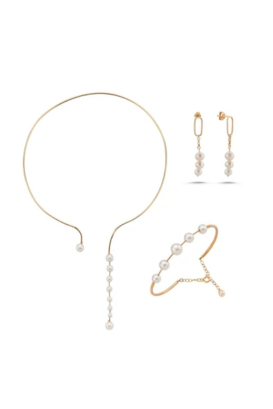 8,5 mm Sallantılı Doğal İnci Küpe Kolye Bileklik Üçlü Set - 5