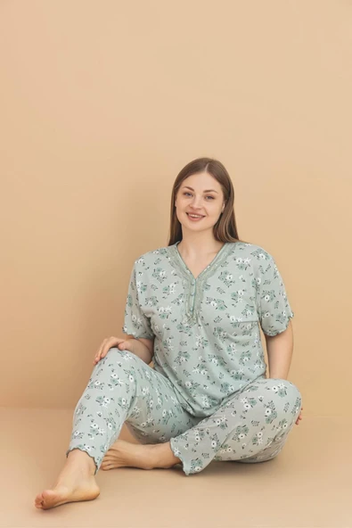 Pijamerry Kadın Büyük Beden Dantel Yaka Bambu Kısa Kol İnce Pijama Takımı 5930 - 1 Adet  Yeşil 2XL