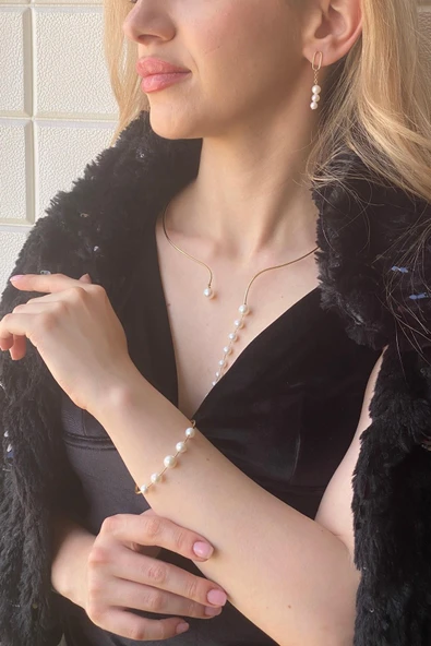 8,5 mm Sallantılı Doğal İnci Küpe Kolye Bileklik Üçlü Set - 3