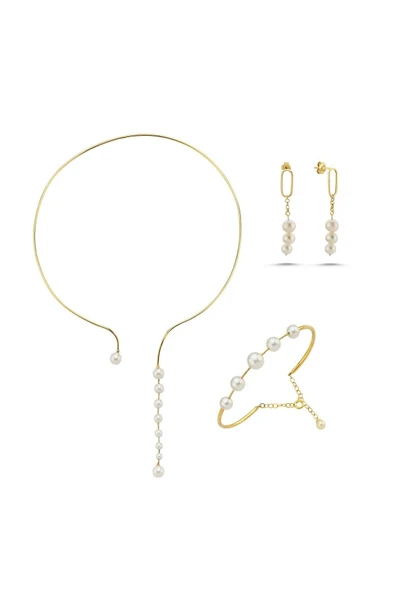 8,5 mm Sallantılı Doğal İnci Küpe Kolye Bileklik Üçlü Set