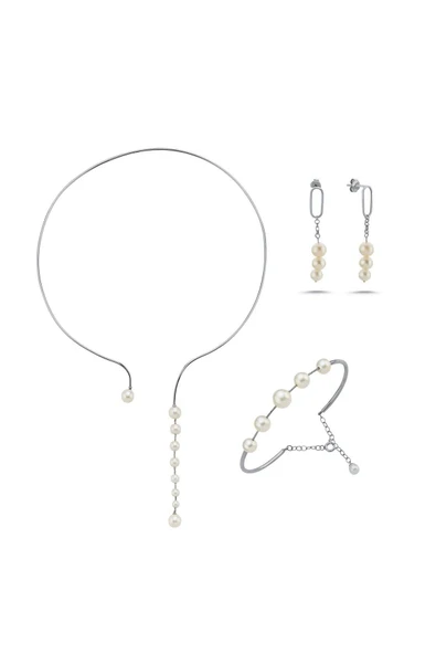 8,5 mm Sallantılı Doğal İnci Küpe Kolye Bileklik Üçlü Set - 4