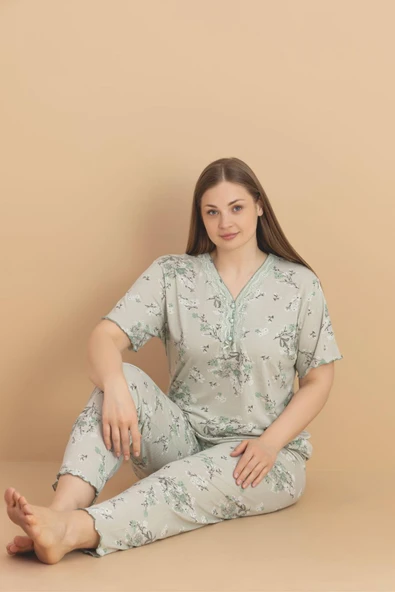 Pijamerry Kadın Büyük Beden Dantel Yaka Bambu Kısa Kol İnce Pijama Takımı 5990 - 1 Adet  Yeşil 3XL